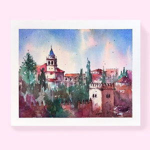 La Alhambra Palace, pittura ad acquerello originale, pittura ad acquerello, paesaggio dell'Andalusia, Granada, Spagna