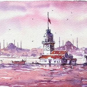 Istanbul Watercolor Painting: Original Asian Side View Artwork