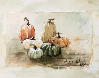 Pumpkin Original Watercolor Painting, Halloween, Fruit Painting, Plant Art