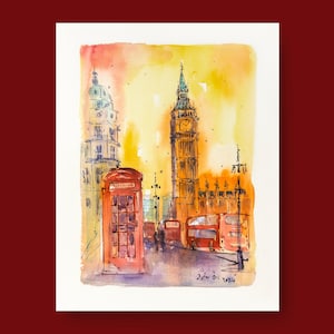 London City, Original Watercolor Painting, Big Ben, Palace of Westminster, UK Painting