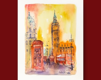 London Stadt, Original Aquarell Malerei, Big Ben, Palace of Biegems, UK Malerei