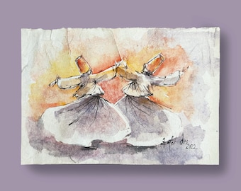 Wirbelnde Derwische Aquarellmalerei: Sufi-Kunst, mystisches islamisches Dekor