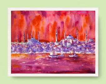 Istanbul Original Aquarell Malerei Stadtbild - Handgemachtes Kunststück - Geschenk und Dekorativ