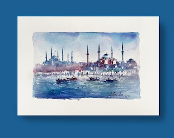 Original Aquarell, Blaue Moschee, Hagia Sophia, Istanbul, Türkiye