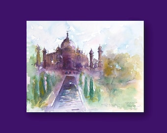 Taj Mahal Aquarell Gemälde: Indisches Wahrzeichen (22x17.5 cm)