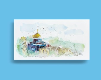 Kuddus Original Aquarellmalerei, Felsendom Malerei - Handgemalte Islamische Wahrzeichen Kunst
