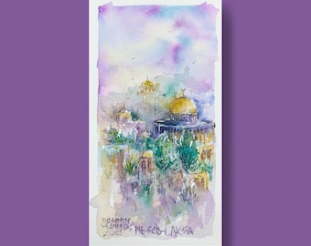 Felsendom Aquarell Malerei Jerusalem Islamische Kunst 10x20cm