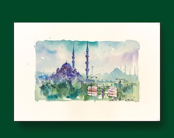 Istanbul Original Aquarell, Landschaft, Eminönü-Moschee, Türkei