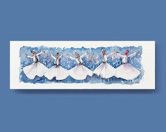 Original Aquarellmalerei Derwische | Sufi-Tanzkunst, Mevlevi-Zeremonie-Wandkunst, spirituelles türkisches Kunstwerk