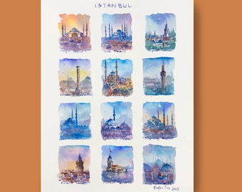 Istanbul Aquarellmalerei: Hagia Sophia, Blaue Moschee, Galataturm