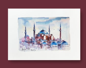 Original Aquarellmalerei der Hagia Sophia, Moschee-Kunst, Istanbul, Türkei