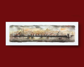 Istanbul Original Aquarellmalerei, Eminönü-Moschee, Galata-Turm und Fischerboote, Turkiye Art