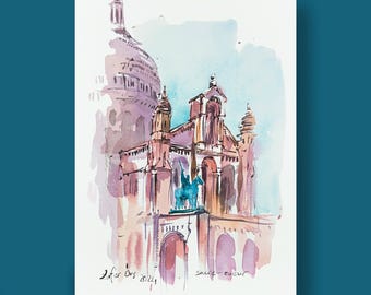 Sacre Coeur Gemälde: Original Paris Aquarell Kunst, Montmartre Skizze