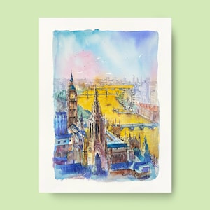 London City, Original Watercolor Painting, Big Ben, London Eye, Palace of Westminster