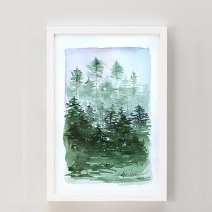 Pittura ad acquerello originale Pine Forest, pittura forestale, inverno