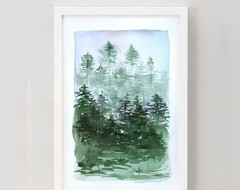 Pine Forest Original Watercolor Painting, Forest Painting, Winter