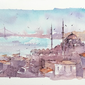 Dipinti ad acquerello di Istanbul, Hagia Sophia, Eminonu, Moschea Blu, Moschea di Solimano, Dipinti ad acquerello originali, Turchia