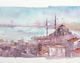 Istanbul Aquarellmalereien, Hagia Sophia, Eminönü, Blaumoschee, Süleymaniye-Moschee, Original Aquarellbilder, Türkei