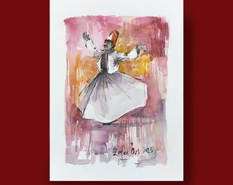 Original Tanzender Derwisch Aquarell Malerei: Sufi Art Decor (15 x 20 cm)