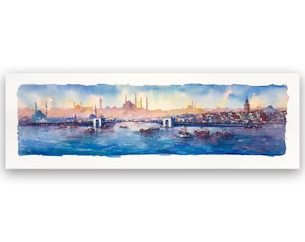 Istanbul Original Aquarell Gemälde, Eminönü-Moschee, Galata-Turm und Fischerboote