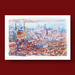 May include: A watercolour painting of a cityscape with a mosque in the foreground. The mosque has a large dome and two minarets. The city is built on a hill and there is a body of water in the background.
