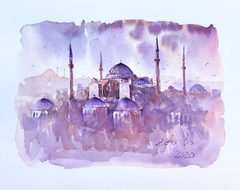 Original Aquarellmalerei, Hagia Sophia, Istanbul, Türkei