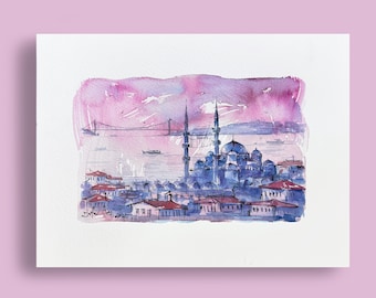 Original Eminönü Aquarell Malerei | Istanbul Moschee und Bosphorus-Kunst, türkische Stadtansicht, handgemalte Wandkunst