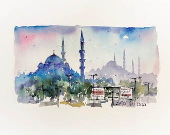 Original Aquarellmalerei von Istanbul - Eminönü-Moschee und Süleymaniye-Moschee