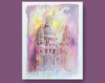 Original Aquarellmalerei der St. Paul's Kathedrale in London, UK - Handgemalt