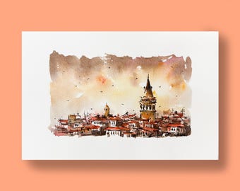 Original Aquarell Malerei, Galataturm, Istanbul, Kunstwerk