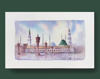 Al-Masjid an-Nabawi Aquarell Malerei: Medina Islamische Kunst (20x30cm)
