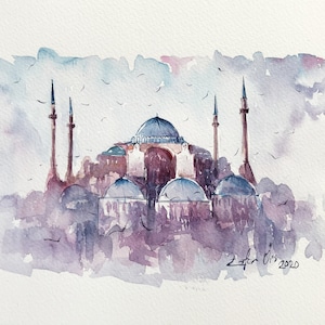 Hagia Sophia Original Watercolor Painting, Istanbul, Turkey