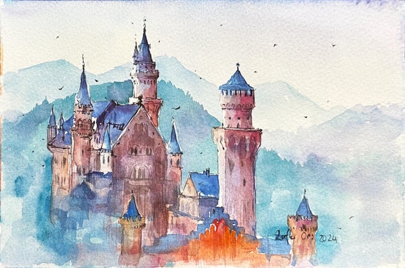 Munih Original Watercolor Painting, Schloss Neuschwanstein Castle Painting, Germany