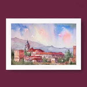 Granada, Palazzo dell'Alhambra, Acquerello originale, Pittura ad acquerello, Paesaggio dell'Andalusia, Spagna