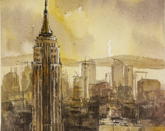 Empire State Building Aquarell Malerei: NYC Skyline Kunst