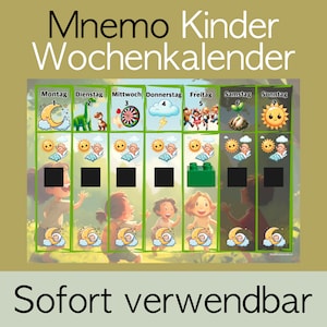 Peut inclure: Un calendrier hebdomadaire coloré pour enfants avec des illustrations d'une lune, d'un dinosaure, d'une cible, d'un nuage, d'un groupe d'enfants, d'une graine et d'un soleil. Les jours de la semaine sont étiquetés en allemand : Montag, Dienstag, Mittwoch, Donnerstag, Freitag, Samstag, Sonntag.