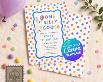 One Silly Goose First Birthday Invitation, Editable Rainbow Polka Dot Birthday Theme Template Invite, 1st Birthday Gender Neutral Party