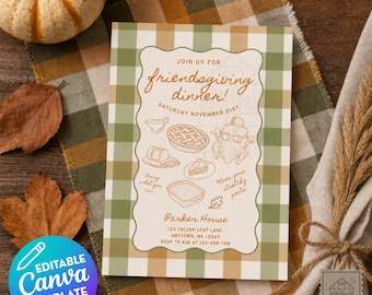 Friendsgiving Invitation Template, Editable Canva Instant Download, Funny Turkey Dinner Invite, Plaid Gingham Fall Vibes Casual Party
