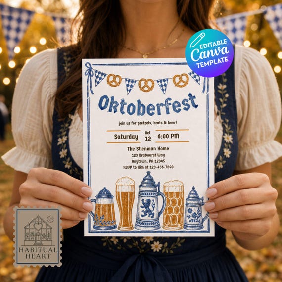 Oktoberfest Invitation Template, Editable German Fall Festival Invite, Printable Autumn Beer Stein Party Invite, Instant Download Canva 5x7