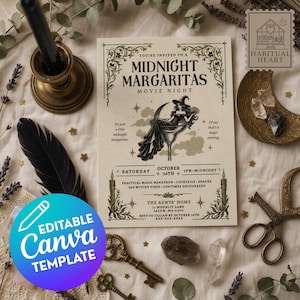 May include: A rectangular invitation card with cream-colored paper and black text featuring the title Midnight Margaritas Movie Night. The design includes a witch illustration, decorative borders, event details for October 26th, and a small Habitual Heart logo.