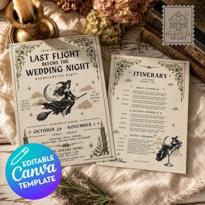 May include: Two cream-colored paper cards featuring black ink illustrations of a witch on a broomstick and a witch in a martini glass. The text reads Last Flight Before The Wedding Night and Itinerary, with decorative borders and star accents.