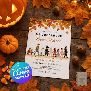 May include: A rectangular Halloween party invitation template featuring a border of autumn leaves. The text reads: PLEASE JOIN US FOR A NEIGHBORHOOD Boo Crew. LET'S TRICK OR TREAT! OCTOBER 31 @ 6:00 pm. WE'LL FUEL UP WITH PIZZA, HAUNT THE HOOD, AND END WITH AN OPTIONAL CANDY SWAP. 123 FALLEN LEAF LANE RSVP TO KELLY 123-456-7890. An illustration shows children in costumes.
