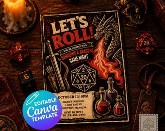 Dungeons and Dragons Party Invitation, Canva Editable D&D Game Night Invite, Adult Game Night, Dragon Dice Invitation, Fantasy RPG Party