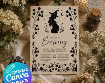 Gothic Halloween Baby Shower Invitation, A Baby is Brewing, Halloween Baby Shower, Witch Baby Shower (Digital Download)