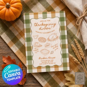 May include: A rectangular Thanksgiving dinner invitation card featuring a white background with a scalloped border, brown text, and line art illustrations of food. The card includes the text JOIN US FOR thanksgiving dinner! THURSDAY NOVEMBER 26TH, Parker House, 123 FALLEN LEAF LANE, ANYTOWN, MA 12345, RSVP TO KIM AT 123-456-789.