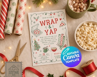 May include: A holiday party invitation card with the text Wrap & Yap, featuring illustrations of a pizza box, a Christmas tree, and a mug. The card is surrounded by wrapping paper rolls, scissors, a bowl of popcorn, and a mug of hot cocoa.