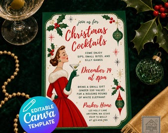 Retro Christmas Cocktail Invite Vintage 50s Martini Editable Template Printable Christmas party invitation downloadable Friendsmas casual