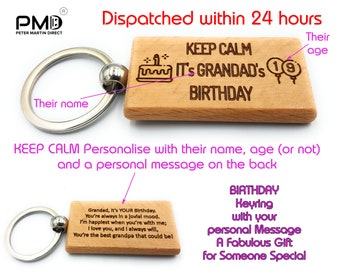 Birthday Personalised Keyring - Eco-wood - KEEP CALM - Custom Key ring - Beech Wood Customized Keychain - Custom Message - keychain