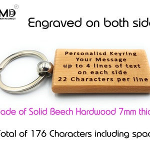 Personalised Keyring Wooden - Custom Key ring - Beech Wood Customised Keychain - Engraved both sides -Up to 176 Characters! 1st Class Mail.