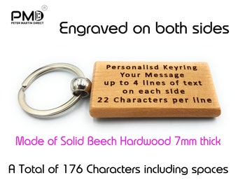 Personalised Keyring Wooden - Custom Key ring - Beech Wood Customized Keychain - Engraved both sides - Your Message up to 176 Characters!